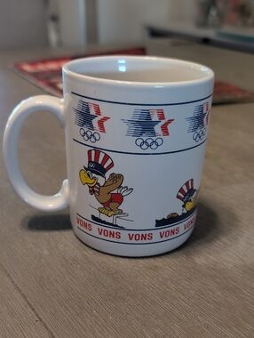 1984 U.S. Olympic Mascot White Ceramic Coffee Mug Features Swimming